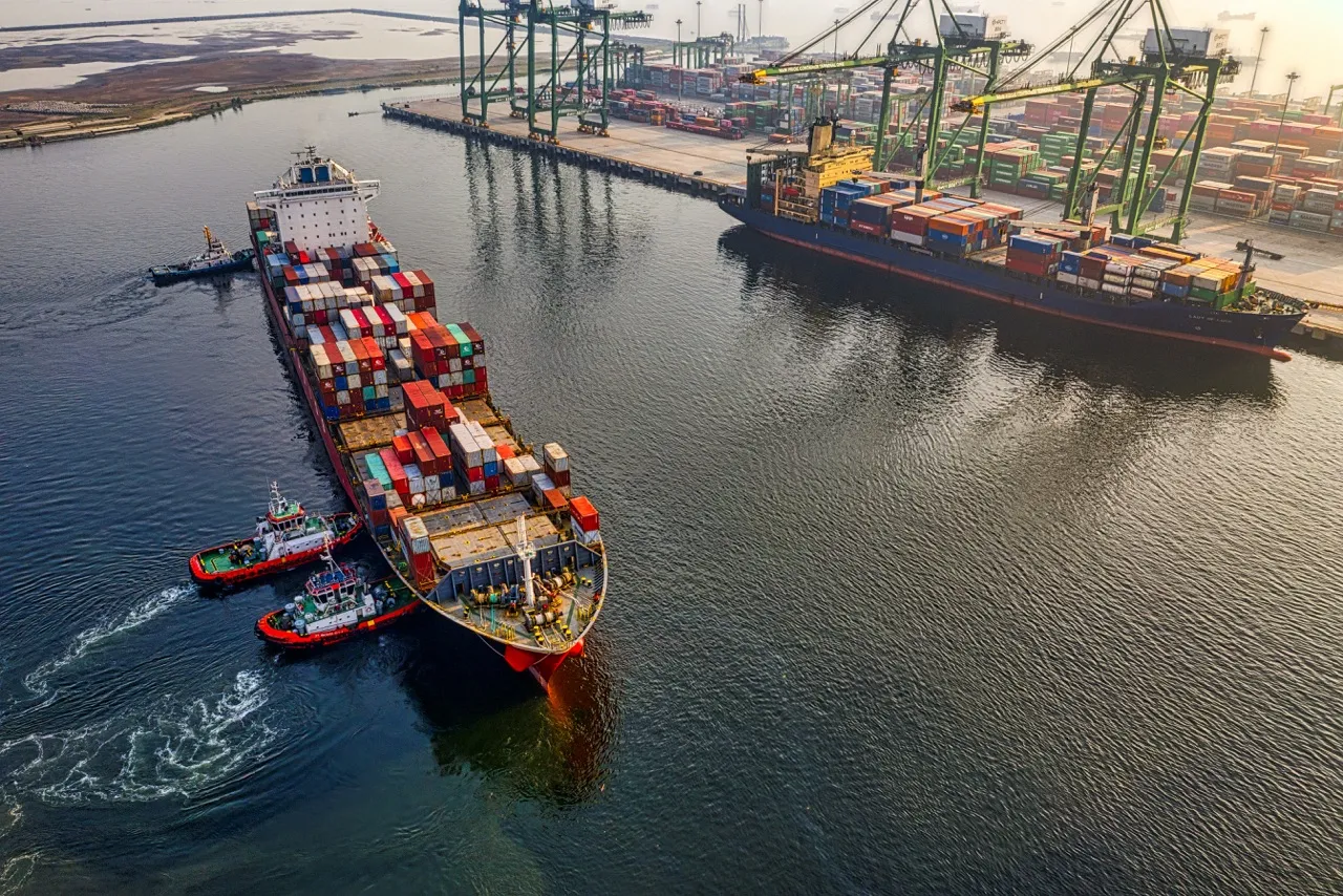 Aerial shot of cargo ship